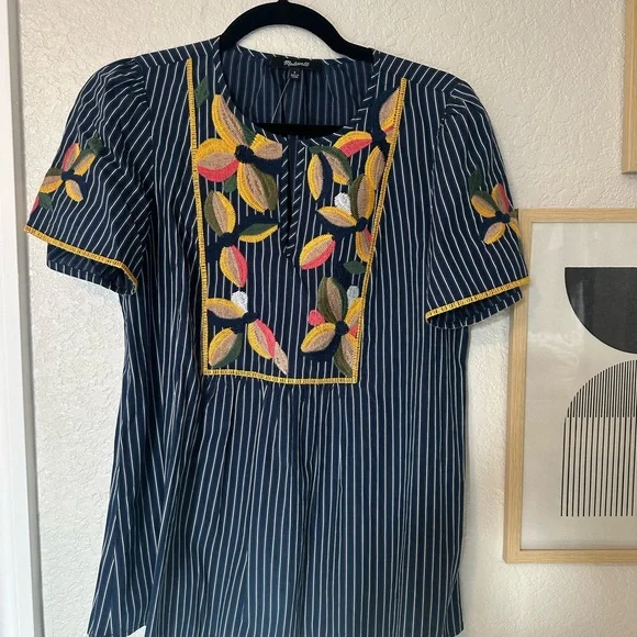 Madewell Navy Striped Blouse with Colorful Embroidery - Picture 1 of 4